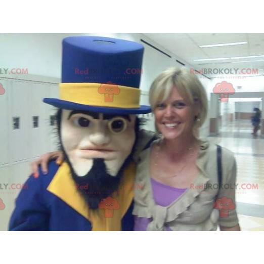 Bearded man mascot dressed in a blue and yellow suit -