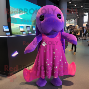 Magenta Stellar'S Sea Cow mascot costume character dressed with a Mini Dress and Hair clips