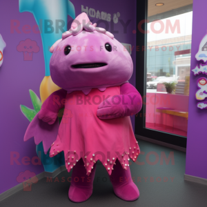 Magenta Stellar'S Sea Cow mascot costume character dressed with a Mini Dress and Hair clips