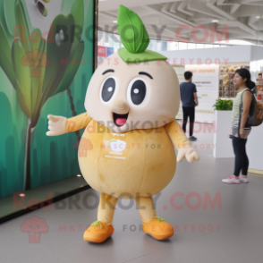 Beige Mango mascot costume character dressed with a Leggings and Keychains