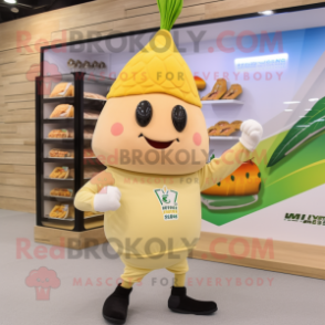 Beige Mango mascot costume character dressed with a Leggings and Keychains