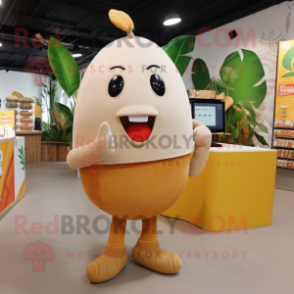 Beige Mango mascot costume character dressed with a Leggings and Keychains