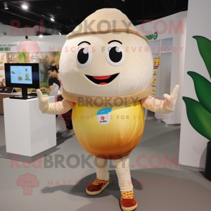Beige Mango mascot costume character dressed with a Leggings and Keychains