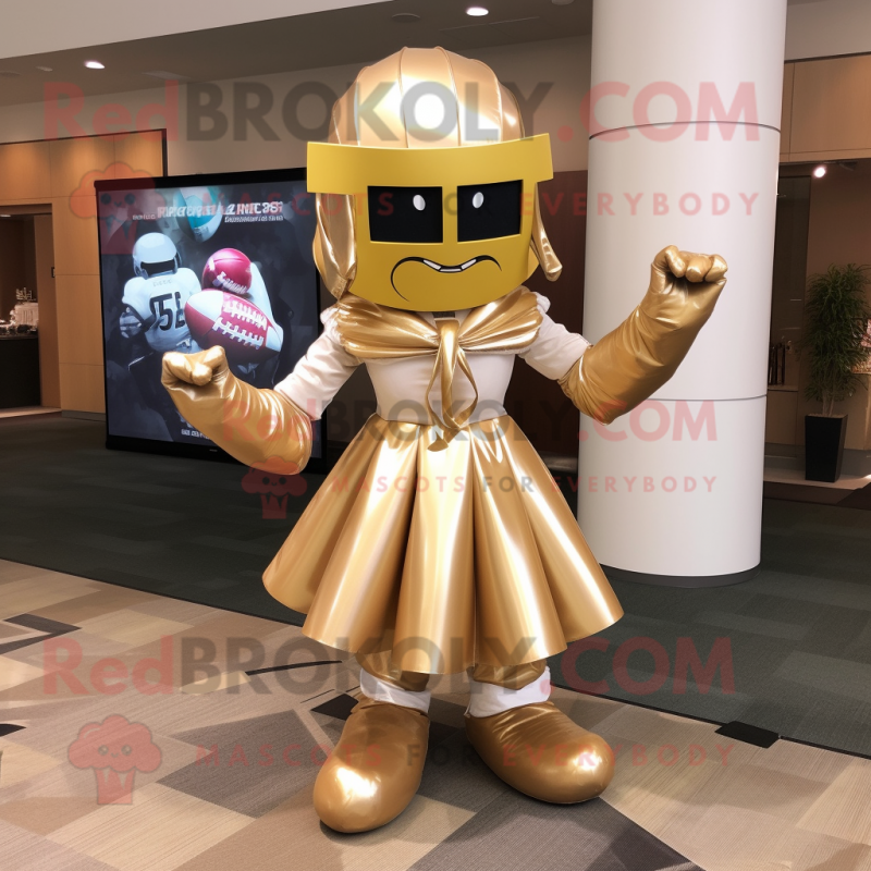 Gold American Football Helmet mascot costume character dressed with a Maxi Dress and Bow ties