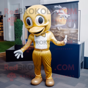Gold American Football Helmet mascot costume character dressed with a Maxi Dress and Bow ties