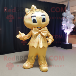 Gold American Football Helmet mascot costume character dressed with a Maxi Dress and Bow ties