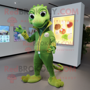 Olive Lizard mascot costume character dressed with a Windbreaker and Coin purses