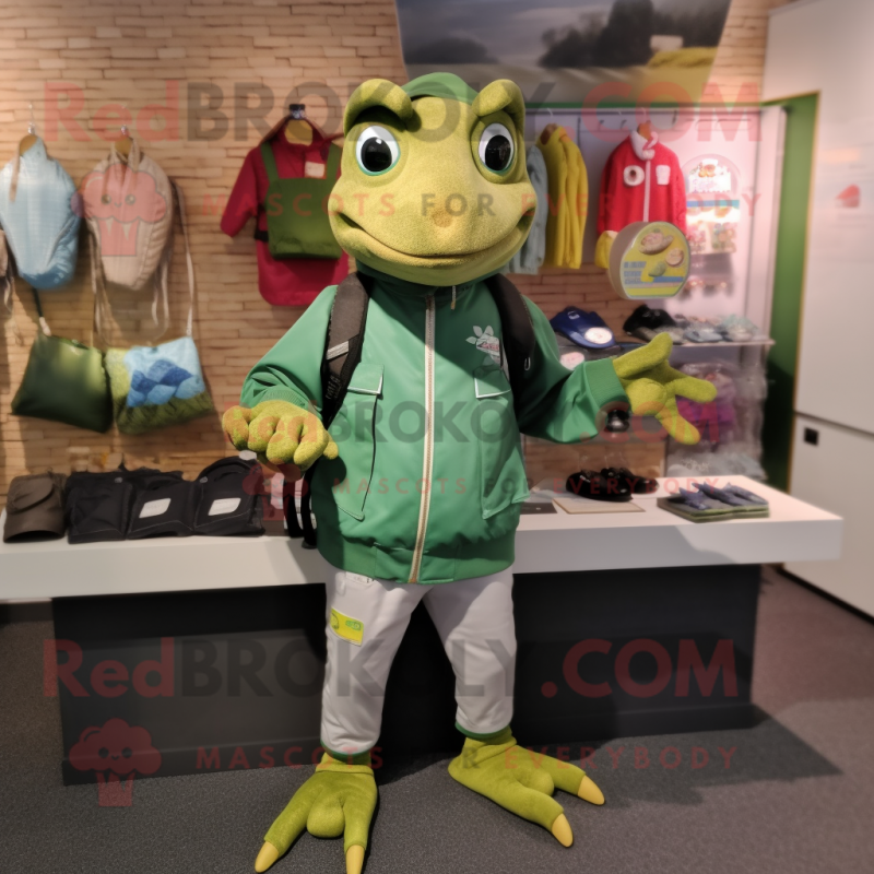 Olive Lizard mascot costume character dressed with a Windbreaker and Coin purses