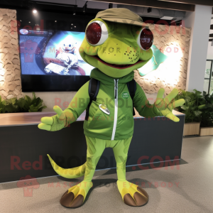 Olive Lizard mascot costume character dressed with a Windbreaker and Coin purses
