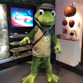 Olive Lizard mascot costume character dressed with a Windbreaker and Coin purses