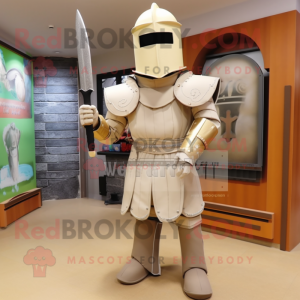 Beige Medieval Knight mascot costume character dressed with a Sheath Dress and Cufflinks