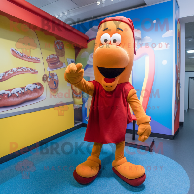 Rust Hot Dogs mascot costume character dressed with a Cardigan and Anklets Rust Hot Dogs mascot costume character dressed with a Cardigan and Anklets