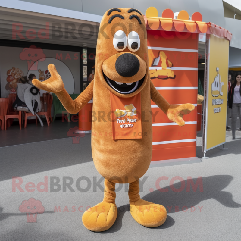 Rust Hot Dogs mascot costume character dressed with a Cardigan and Anklets Rust Hot Dogs mascot costume character dressed with a Cardigan and Anklets