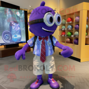 Purple Grenade mascot costume character dressed with a Bermuda Shorts and Bow ties