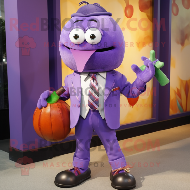 Purple Grenade mascot costume character dressed with a Bermuda Shorts and Bow ties Purple Grenade mascot costume character dressed with a Bermuda Shorts and Bow ties