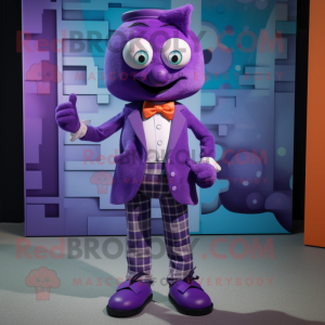 Purple Grenade mascot costume character dressed with a Bermuda Shorts and Bow ties