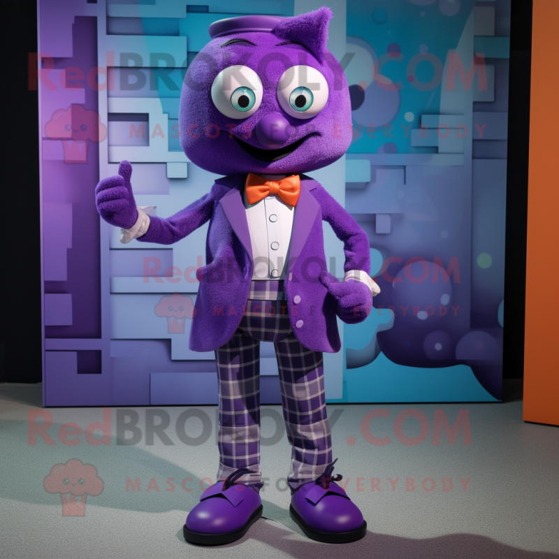 Purple Grenade mascot costume character dressed with a Bermuda Shorts and Bow ties Purple Grenade mascot costume character dressed with a Bermuda Shorts and Bow ties