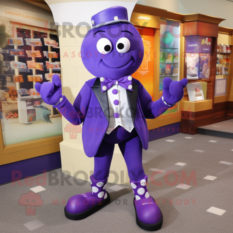 Purple Grenade mascot costume character dressed with a Bermuda Shorts and Bow ties Purple Grenade mascot costume character dressed with a Bermuda Shorts and Bow ties