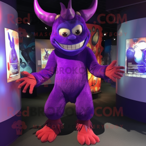 Purple Demon mascot costume character dressed with a Bodysuit and Anklets
