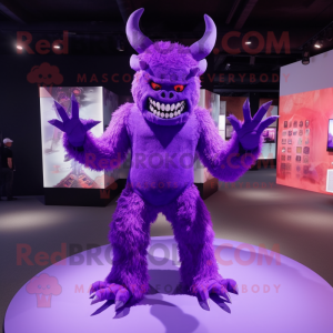 Purple Demon mascot costume character dressed with a Bodysuit and Anklets