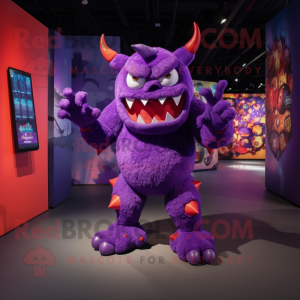 Purple Demon mascot costume character dressed with a Bodysuit and Anklets