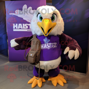 Purple Haast'S Eagle mascot costume character dressed with a Romper and Backpacks