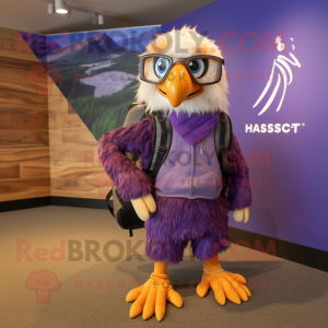 Purple Haast'S Eagle mascot costume character dressed with a Romper and Backpacks