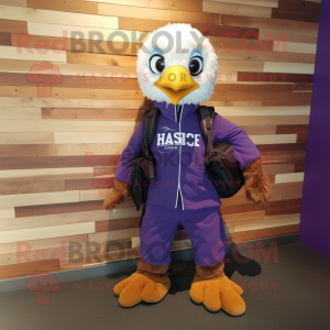 Purple Haast'S Eagle mascot costume character dressed with a Romper and Backpacks