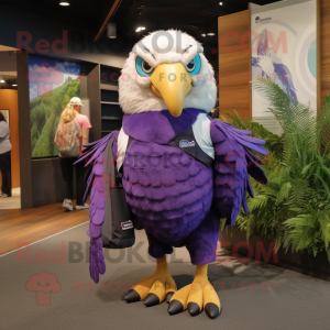 Purple Haast'S Eagle mascot costume character dressed with a Romper and Backpacks