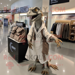 Silver Utahraptor mascot costume character dressed with a Coat and Tote bags