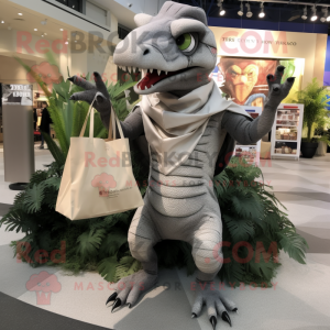 Silver Utahraptor mascot costume character dressed with a Coat and Tote bags