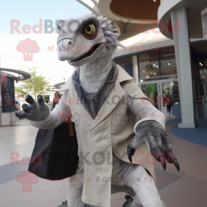 Silver Utahraptor mascot costume character dressed with a Coat and Tote bags