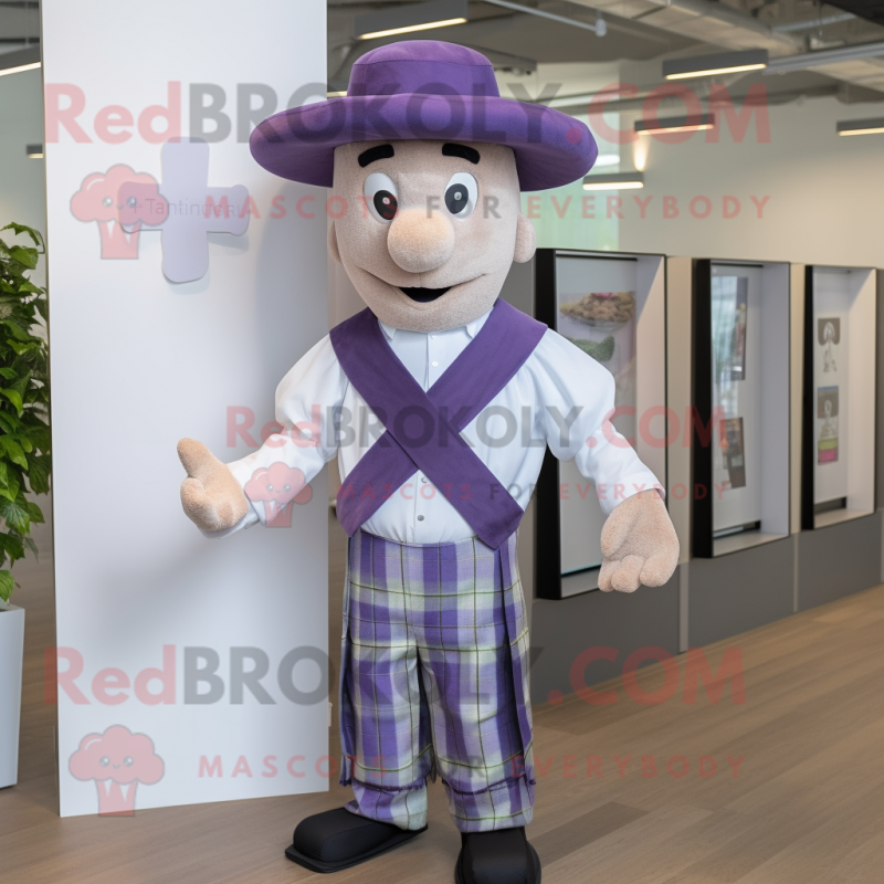 Lavender Celtic Cross mascot costume character dressed with a Oxford Shirt and Hats