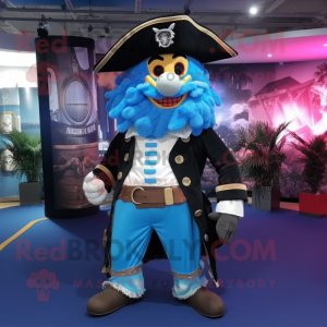 Sky Blue Pirate mascot costume character dressed with a Coat and Belts