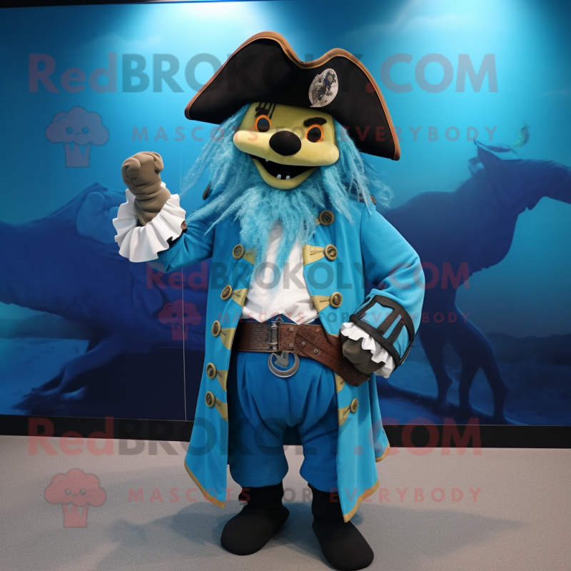 Sky Blue Pirate mascot costume character dressed with a Coat and Belts