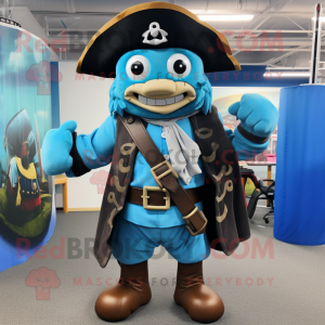 Sky Blue Pirate mascot costume character dressed with a Coat and Belts