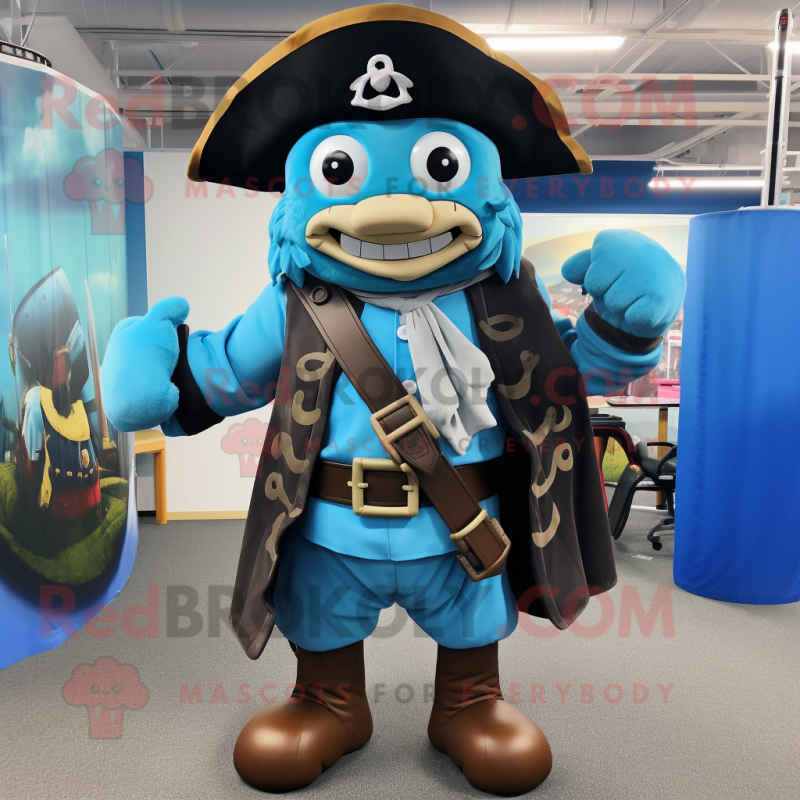 Sky Blue Pirate mascot costume character dressed with a Coat and Belts Sky Blue Pirate mascot costume character dressed with a Coat and Belts