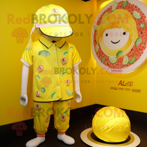 Lemon Yellow Fried Rice mascot costume character dressed with a Swimwear and Caps
