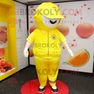 Lemon Yellow Fried Rice mascot costume character dressed with a Swimwear and Caps