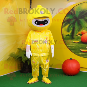 Lemon Yellow Fried Rice mascot costume character dressed with a Swimwear and Caps