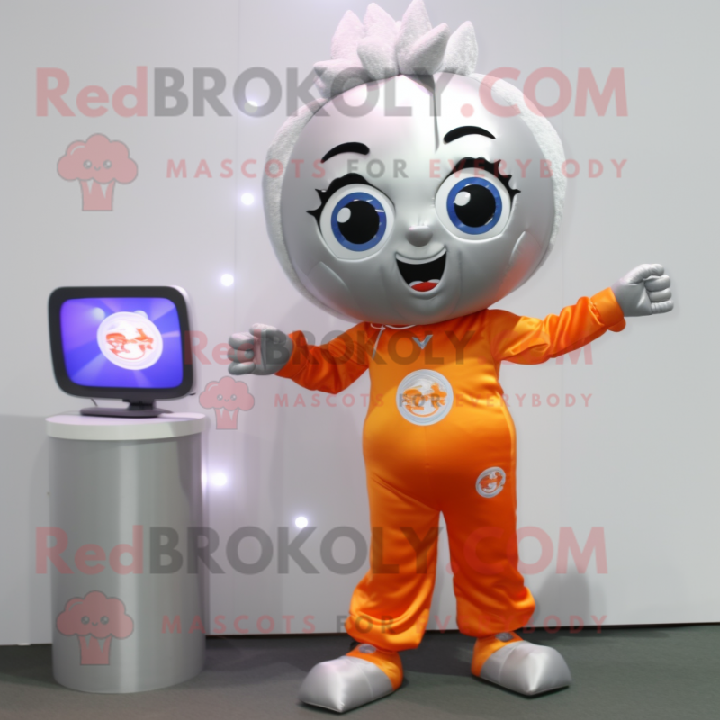 Silver Orange mascot costume character dressed with a Romper and Hair clips