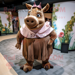 Brown Rhinoceros mascot costume character dressed with a Maxi Dress and Ties