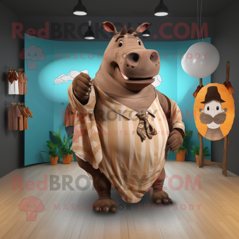 Brown Rhinoceros mascot costume character dressed with a Maxi Dress and Ties