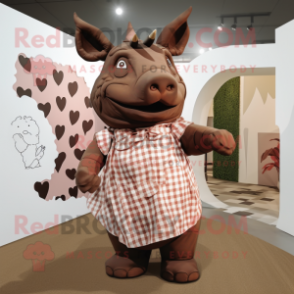 Brown Rhinoceros mascot costume character dressed with a Maxi Dress and Ties