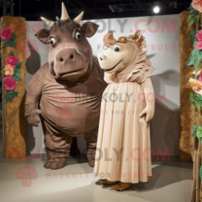 Brown Rhinoceros mascot costume character dressed with a Maxi Dress and Ties