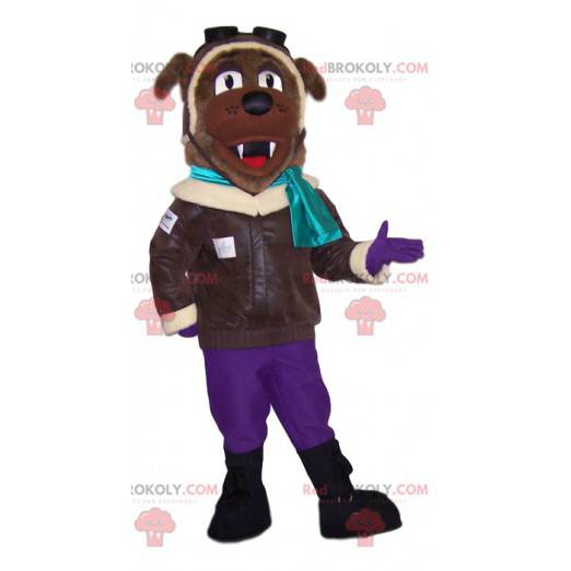 Mascotte de chien marron en tenue d'aviateur - Redbrokoly.com