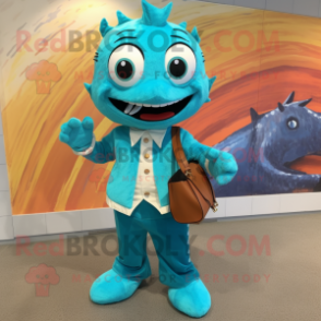 Turquoise Cod mascot costume character dressed with a Henley Shirt and Clutch bags