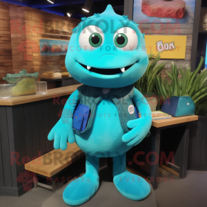 Turquoise Cod mascot costume character dressed with a Henley Shirt and Clutch bags