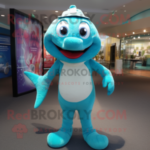 Turquoise Cod mascot costume character dressed with a Henley Shirt and Clutch bags