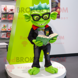 Lime Green Vampire mascot costume character dressed with a Jeans and Reading glasses